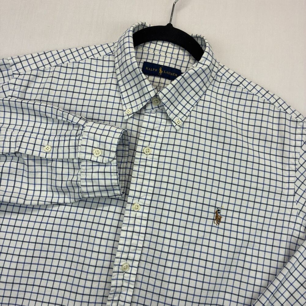 Ralph Lauren Oxford Shirt Men’s XL White Blue Check Button Down Cotton Pony